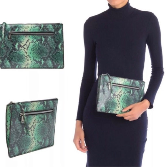 Aimee Kestenberg Green Snake Print Leather Clutch - Picture 3 of 12